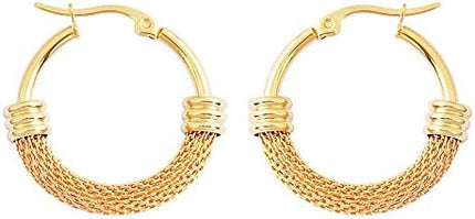 Edforce Women's Stainless Steel Half Hoop Half Mesh Link Hoop Earrings (28mm-40mm)