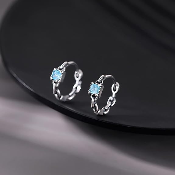 SLUYNZ 925 Sterling Silver Blue CZ Hoop Earrings for Women Teens Link Hoop Earrings Retro Huggie Hoop Earrings