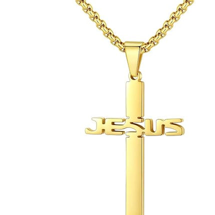 REVEMCN Stainless Steel Jesus Cross Pendant Necklace for Men Women 20-24 Inches Rolo Chain Christian Gifts for Men Faith