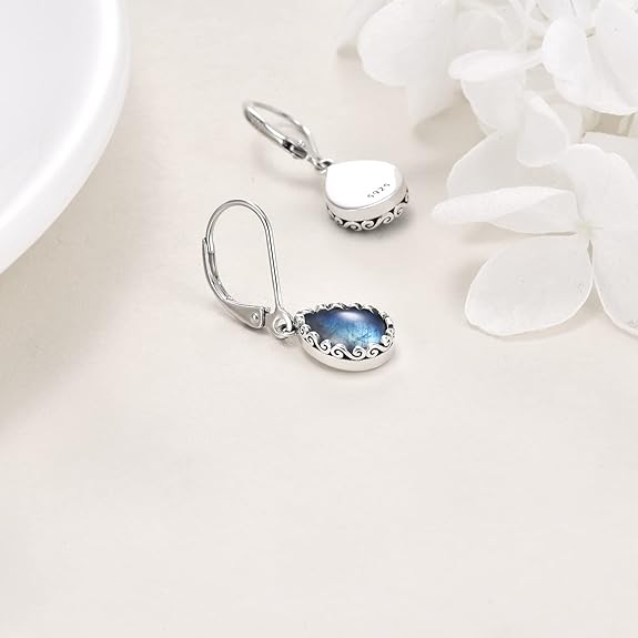 Moonstone/Larimar/Turquoise/Labradorite/Jade/Malachite Teardrop Earrings Sterling Silver Cage Filigree Dangle Drop Earrings for Women