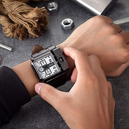 Reginald Hip hop Men's Watch Big Face Watch for Men Square Watches Novel Face Dial Stainless Steel Quartz Leather Strap Watches