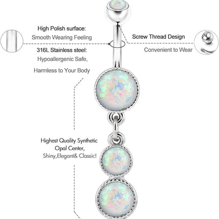 Cute Dangly Opal Belly Button Rings 14g 316L Stainless Steel Dangle Navel Rings for Women Long Curved Barbell