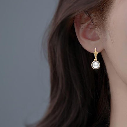 Pearl Drop Earrings for Women 18K Gold Plated Cubic Zirconia and White Pearl Dangle Earrings Leverback Earrings Dainty Jewelry
