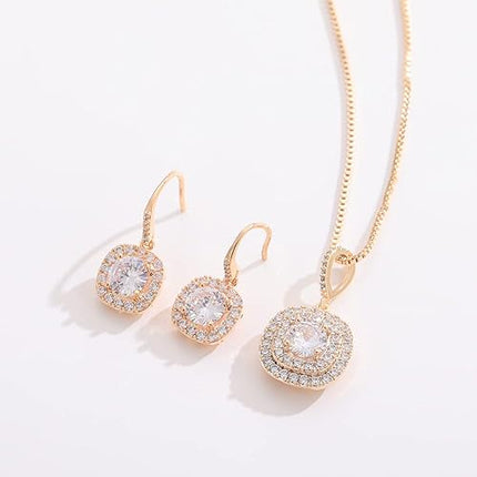 MARSHILY Pendant Halo Earrings and Delicate Chain Necklace Set Wedding Jewelry Sets for Women, 18k Gold Plated