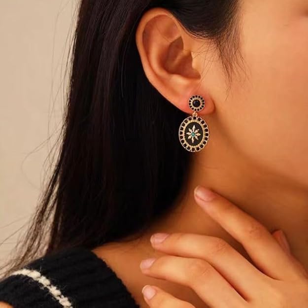 French Vintage style Women's Gold Plated Octagrams Drop Earrings with Black Cubic Zirconias and Green Turquoise Stones, Black Color Base