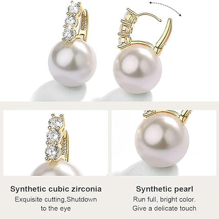 Kesaplan Pearl Earrings for Women Girls 14K Gold Plated Hypoallergenic Pearl Earrings 5A Cubic Zirconia Dangle Earrings Elegant Jewelry for Gifts