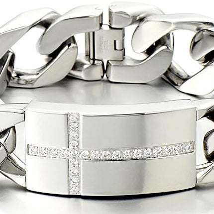 COOLSTEELANDBEYOND Mens Large Stainless Steel Cross Identity Curb Chain Bracelet Set with Cubic Zirconia Hip Hop Rock