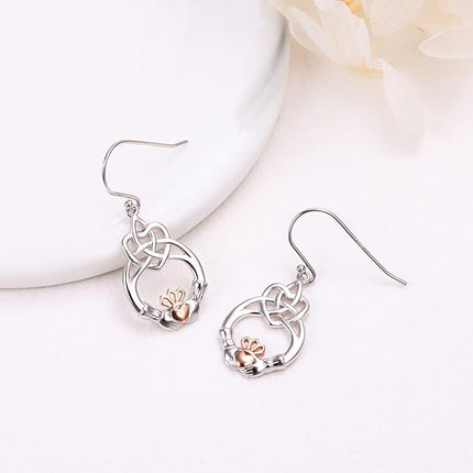 925 Sterling Silver Dangle Earrings for Women Celtic Knot Drop Claddagh/Clover/Lotus/Filigree Earrings Rose Gold Claddagh Hoop Earrings Friendship Jewelry Gift for Women