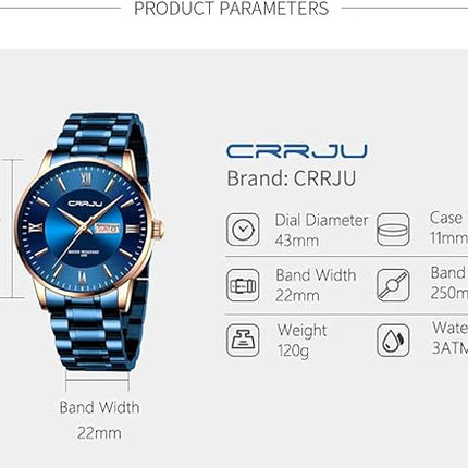 CRRJU Men's Fashion Luxury Stainless Steel Watches for Men Business Auto Date Chronograph Analog Quartz Wristwatches