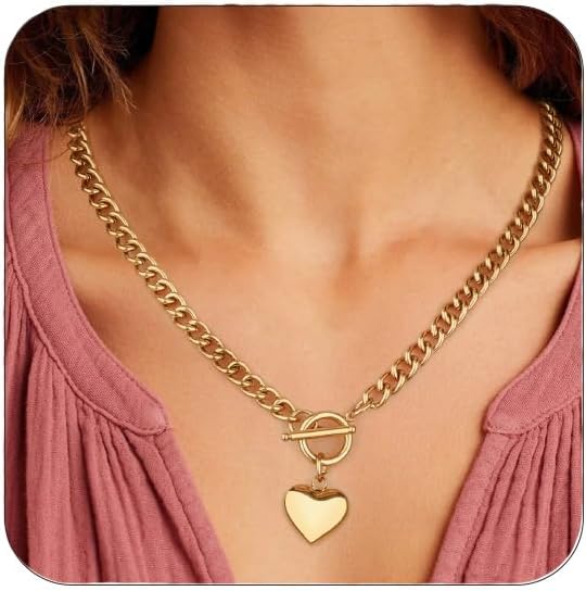 FEEL STYLE Chunky Gold Necklace for Women - 18K Gold Plated Heart Lock Charm Necklace - Cuban Chain Link U Shaped Bamboo Paperclip Choker Necklace - Statement Jewelry Gifts for Women