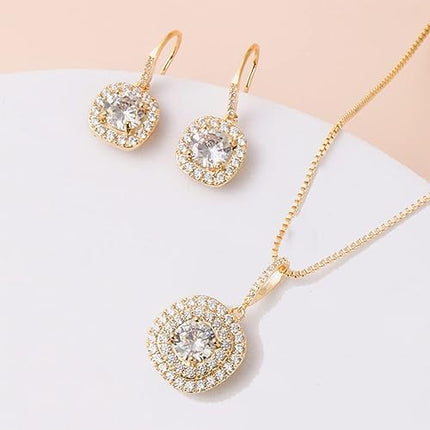 MARSHILY Pendant Halo Earrings and Delicate Chain Necklace Set Wedding Jewelry Sets for Women, 18k Gold Plated