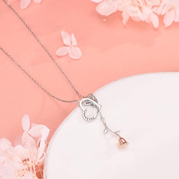 Distance S925 Sterling Silver Rose Flower Necklace, Rose Bracelet, Two-Tone Cross Pendant Necklaces for Women Girls Gift for Valentine Birthday Christmas Mother Day