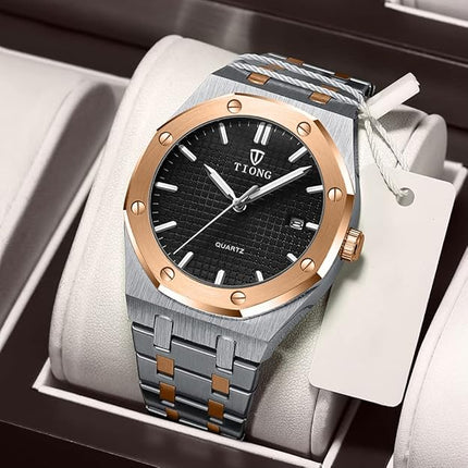 Tiong Mens Watches Chronograph Stainless Steel Waterproof Date Analog Quartz Watch Business Casual Fashion Wrist Watches for Men