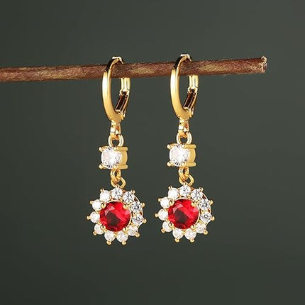 HZMAN 14K Gold Plated Rhinestone Flower Earrings for Women Girls Hypoallergenic Cubic Zirconia Dangle Drop Earring Jewelry Wedding Gifts (Red)