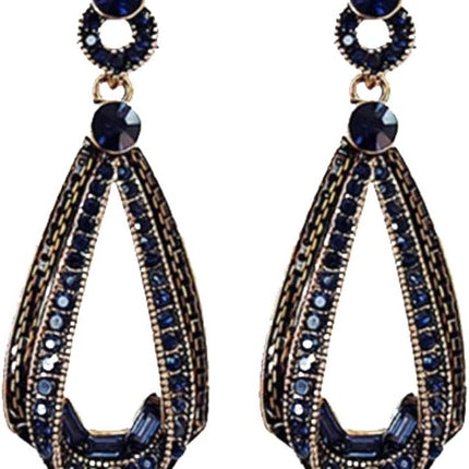 Antique Gold Bronze Tone Art Deco Vintage Gatsby Flapper Style Dark Blue Sapphire Rhinestone Dangle Earrings
