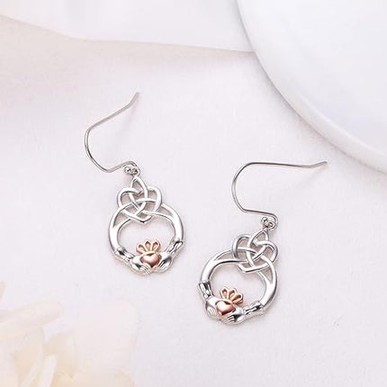 925 Sterling Silver Dangle Earrings for Women Celtic Knot Drop Claddagh/Clover/Lotus/Filigree Earrings Rose Gold Claddagh Hoop Earrings Friendship Jewelry Gift for Women
