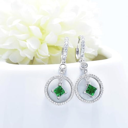 Silver Earrings for Women Trendy - Sterling Silver Hypoallergenic Drop Dangle Earrings Green Cubic Zirconia Dangling Earrings for Sensitive Ears Classic Fashion Earrings Gifts for Christmas Birthday