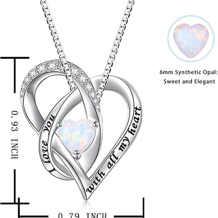 FLYOW Mother's Day Gifts Created Opal Heart Necklace for Lover Women Girls 925 Sterling Silver Pendant with Message Love You Forever