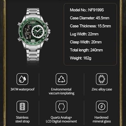 NAVIFORCE Men's Multifunction Waterproof Sport Analog Digital Quartz Watch with Chronograph Dual Time Alarm SIG Snooze Function
