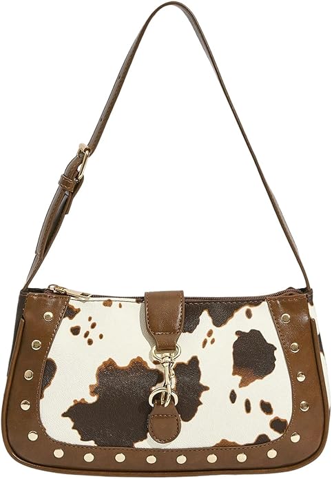 Y2k Western Cowgirl Shoulder Bag Rivet Animal Print Bag Zipper Faux Pu Leather Clutch Purse Vintage Handbag