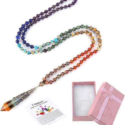 GEHECRST Natural 7 Chakra 108 Mala Prayer Beads Necklace with Reiki Healing Crystal Pointed Pendant 6mm Gemstones Beads Necklace Mens Womens Jewelry for Meditation, Protection