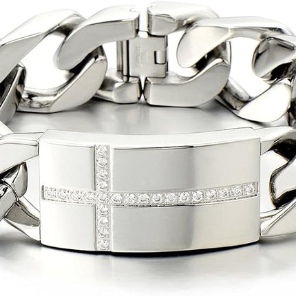 COOLSTEELANDBEYOND Mens Large Stainless Steel Cross Identity Curb Chain Bracelet Set with Cubic Zirconia Hip Hop Rock