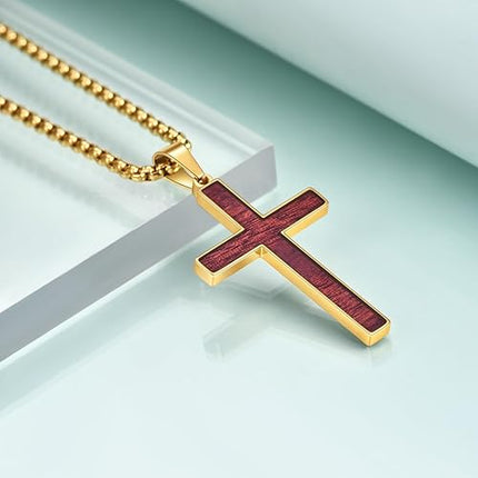 Rnivida Mens Stainless Steel Wood Inlay Cross Pendant Necklace, Christian Wood Cross Necklace 24" Round Box Chain