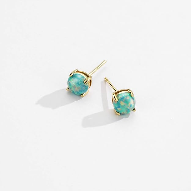 Sterling Silver Opal Stud Earrings for Women 18K Gold Plated 5mm Solitaire Opal 4 Prongs Setting Simple Earrings for Women