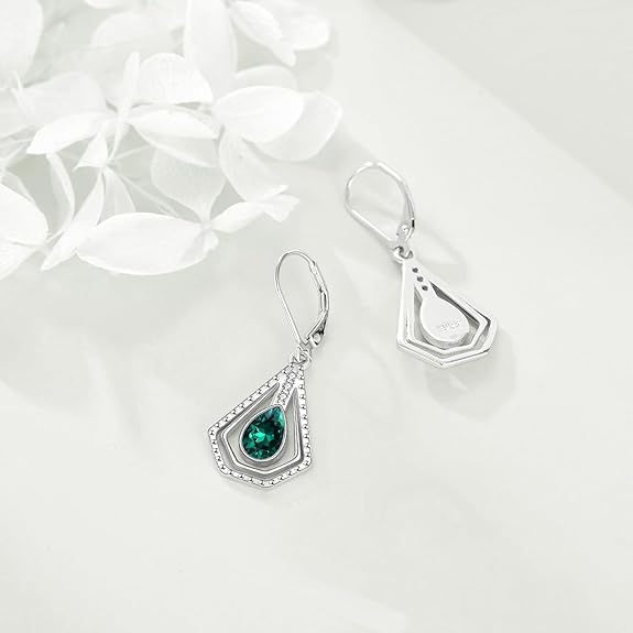 Sterling Silver Filigree Earrings Created Emerald Ruby Dangle Drop Dangly Leverback Earrings Valentine's Day Jewelry Gifts for Women