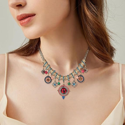 SUNLAND Bohemian Multicolor Round Pendants Enamel Rhinestone Ethnic Necklace for Women