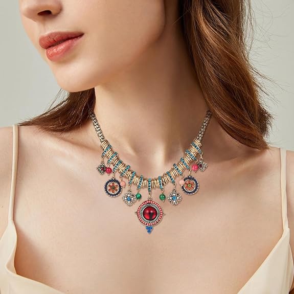 SUNLAND Bohemian Multicolor Round Pendants Enamel Rhinestone Ethnic Necklace for Women