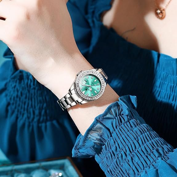 OLEVS Watches for Women Diamond with Date Luxury Leather Female Waterproof Women Wrist Watch Analog Dress Stainless Steel Ladies Watch Luminous Calendar Women Watch