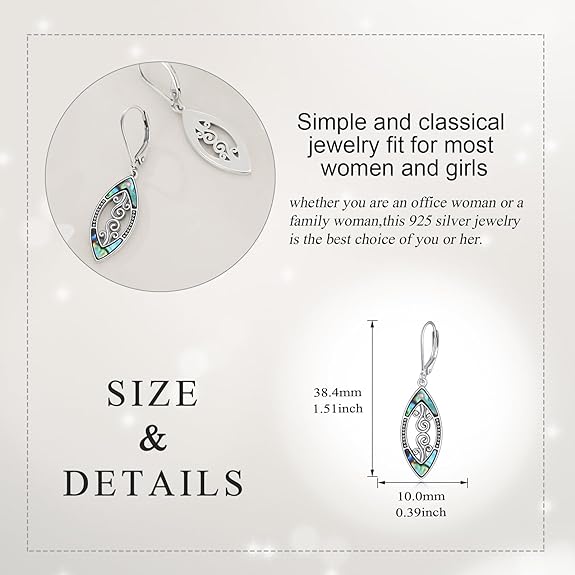 Abalone Shell Dangle Drop Earrings for Women 925 Sterling Silver Filigree Bohemian Earrings Jewelry Gift