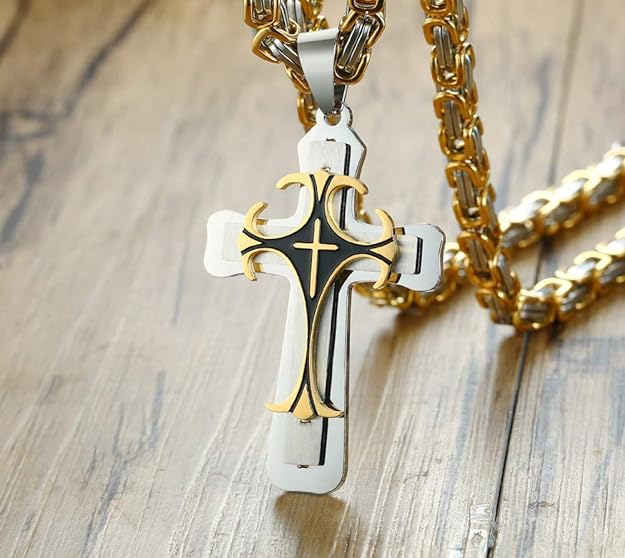MEALGUET Stainless Steel Crucifix Cross Pendant Necklace, Men's Cross Necklace with Chunky Byzantine Chain/Rolo Chain, Gift for men