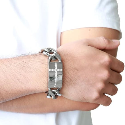 COOLSTEELANDBEYOND Mens Large Stainless Steel Cross Identity Curb Chain Bracelet Set with Cubic Zirconia Hip Hop Rock