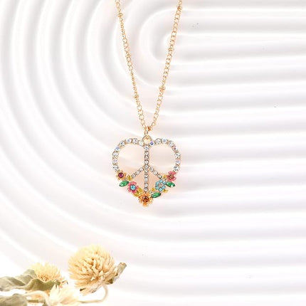Peace Sign Heart CZ New Beginnings Lotus Necklace for Women, Heart Pendant Necklaces Flower Diamond Zirconia Love Necklace, Silver Rose Gold Chain Birthday Valentines Day Jewelry Gifts
