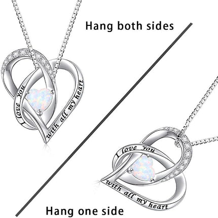 FLYOW Mother's Day Gifts Created Opal Heart Necklace for Lover Women Girls 925 Sterling Silver Pendant with Message Love You Forever