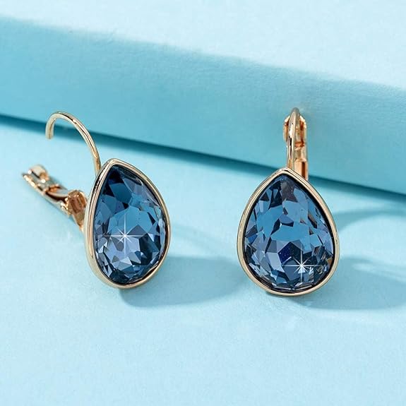 Teardrop Austrian Crystal Leverback Drop Earrings for Women 14K Rose Gold Plated Hypoallergenic Jewelry
