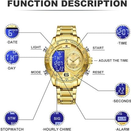 NAVIFORCE Watch for Men Dual Display Digital Quartz Watches Multifunctional Business Stainless Steel Wristwatch