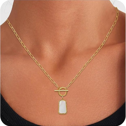 Natural White Sea Shell OT Buckle Long Plate Pendant Necklace For Women Trendy Elegant in Color and Luster Titanium Steel Electroplated with 18K Gold Necklace