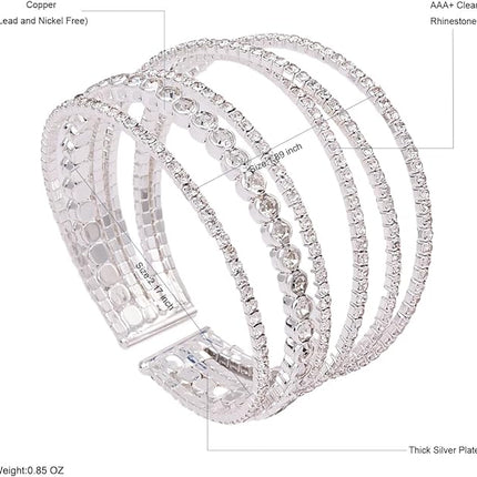 Bling Multilayer Chunky Silver/Gold Twist Crystal Rhinestone Adjustable Arm Cuff Bracelet Bangle for Women Bride Wedding Formal Prom Jewelry Costume Accessories