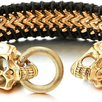COOLSTEELANDBEYOND Mens Steel Gold Square Franco Chain Bracelet Interwoven with Black Leather, Skull Spring Ring Clasp