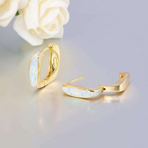 CiNily Huggie Hoop Earrings for Women Hypoallergenic, Square Opal Hinged Hoop Earrings, 14K Gold Plated Chunky Gold Hoop Earrings for Sensitive Ears Lightweight Jewelry for Christmas Gifts
