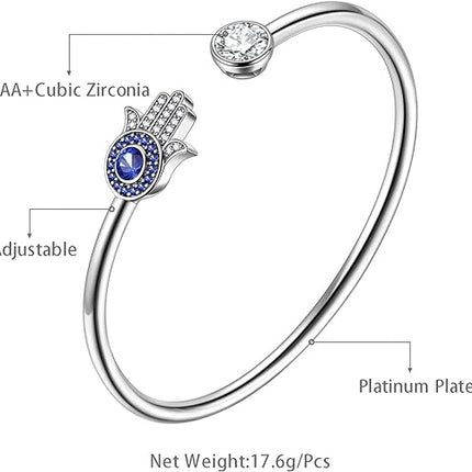 beautlace Hamsa Hand of Fatima Evil Eye Bangle Silver Plated Adjustable Hand Bracelets