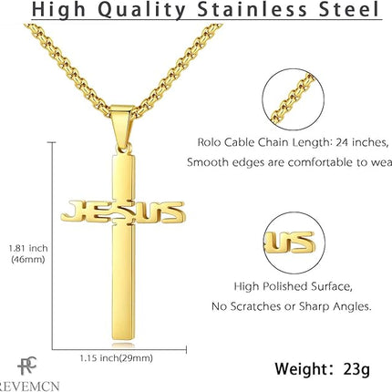 REVEMCN Stainless Steel Jesus Cross Pendant Necklace for Men Women 20-24 Inches Rolo Chain Christian Gifts for Men Faith