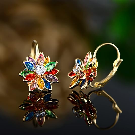 Barzel 18K Gold Plated Flower Earrings - Colorful Lotus Flower Earrings For Women