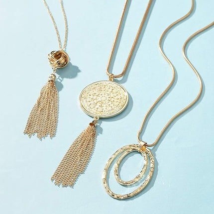 SEVENSTONE 3PCS Long Pendant Necklaces for Women Knot Disk Circle Tassel Statement Sweater Necklace Set