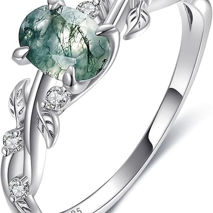Engagement Rings for Women 925 Sterling Silver Oval Cut Moss Agate/Black Rutilated Quartz/Emerald Gemstone Wedding Rings Promise Ring Size 5-9