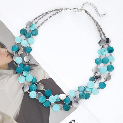 Noessla Layered Beaded Chunky Necklace for Women Boho Two-color Shell Statement Necklace Fashion Collar Costume Jewelry Gifts for Mum