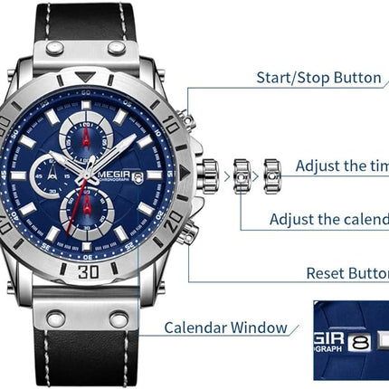 MEGIR Men's Analog Business Quartz Chronograph Luminous Watch with Stylish Leather Strap for Sports 2081